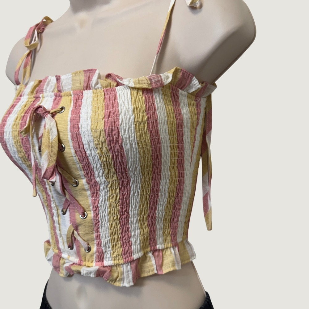 Blue Blush Smocked Crop Top S Pink Yellow Striped Lace Up Boho Beach Cottagecore - Picture 2 of 8